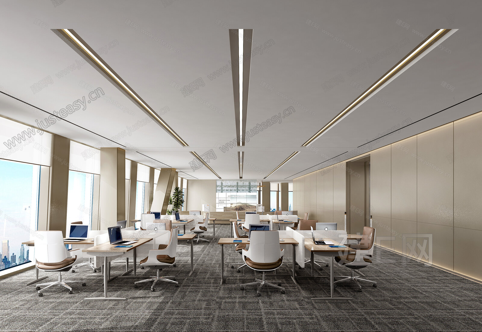 现代开敞办公区 模型SU模型下载[ID:105142175]_建e网su模型