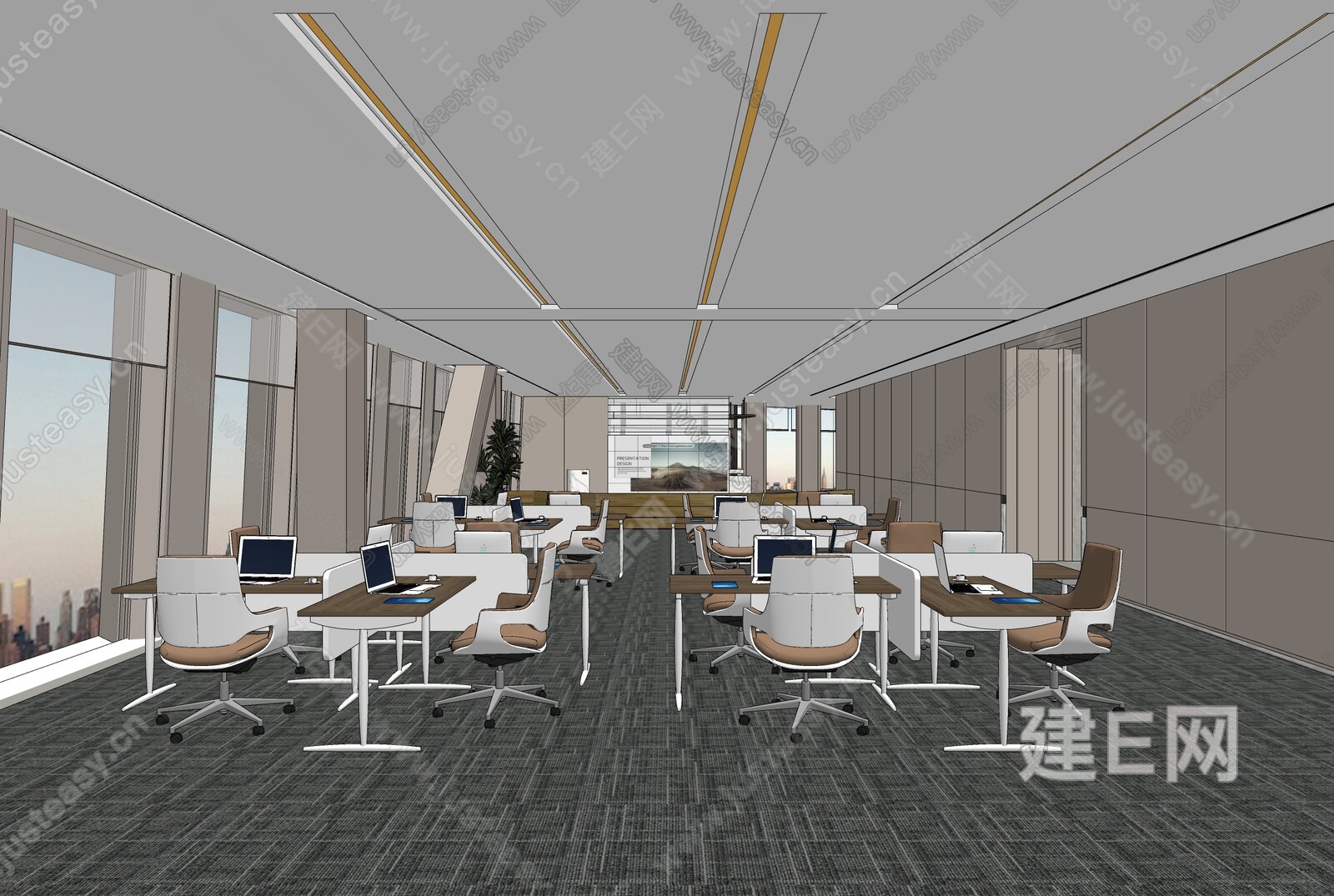 现代开敞办公区 模型SU模型下载[ID:105142175]_建e网su模型