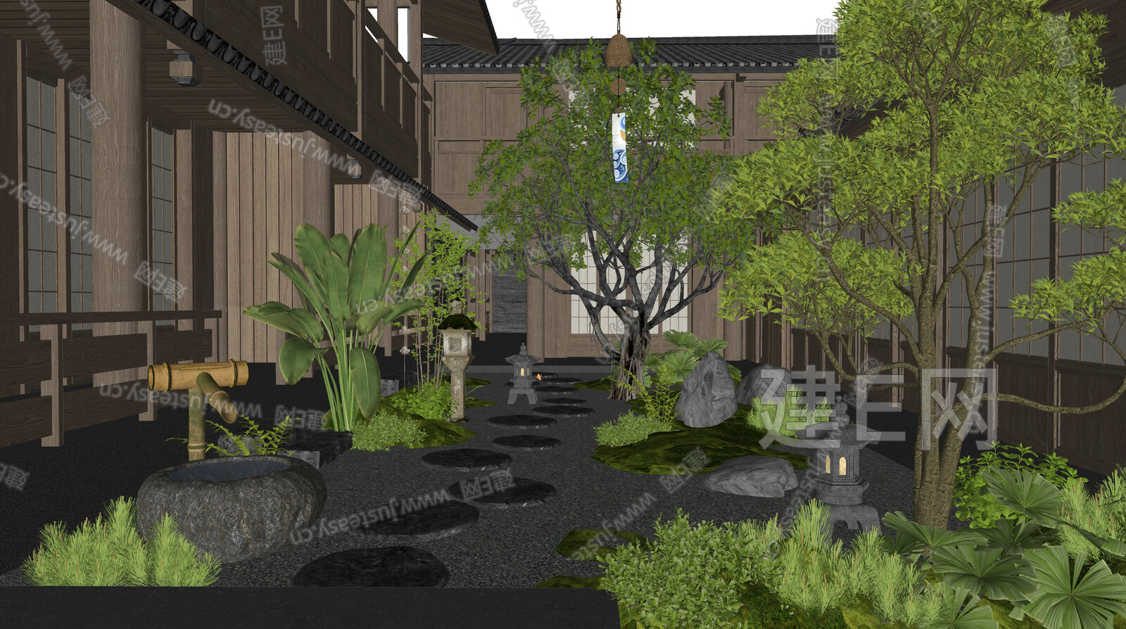 日式禅意庭院景观模型SU模型下载[ID:106845991]_建e网su模型