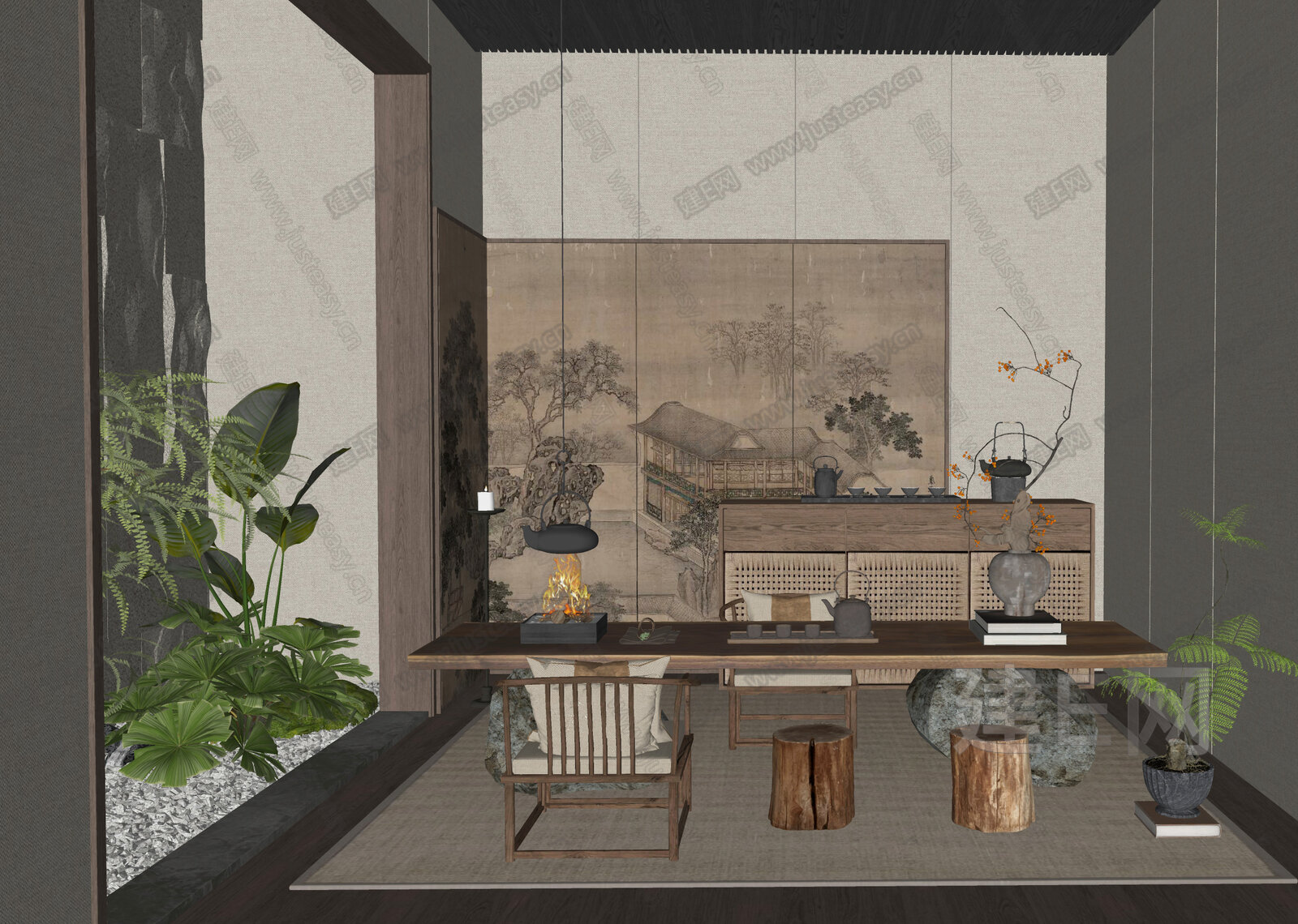 新中式禅意茶室模型SU模型下载[ID:106518505]_建e网su模型