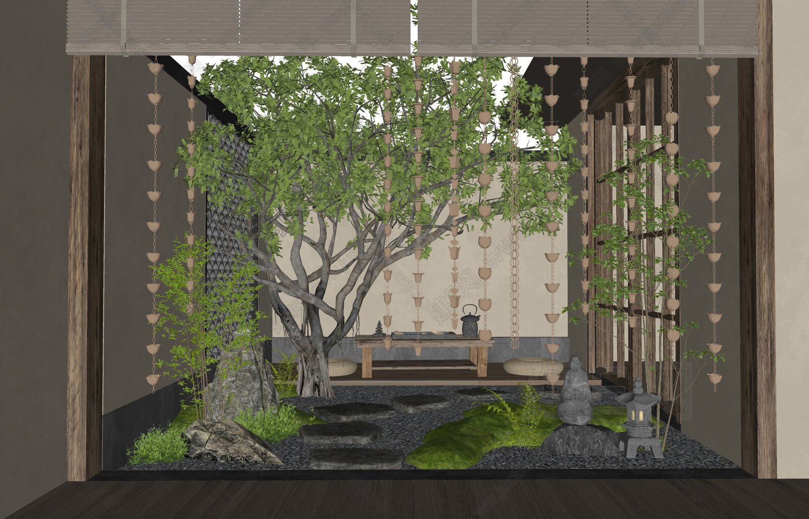日式禅意庭院花园模型SU模型下载[ID:106518473]_建e网su模型