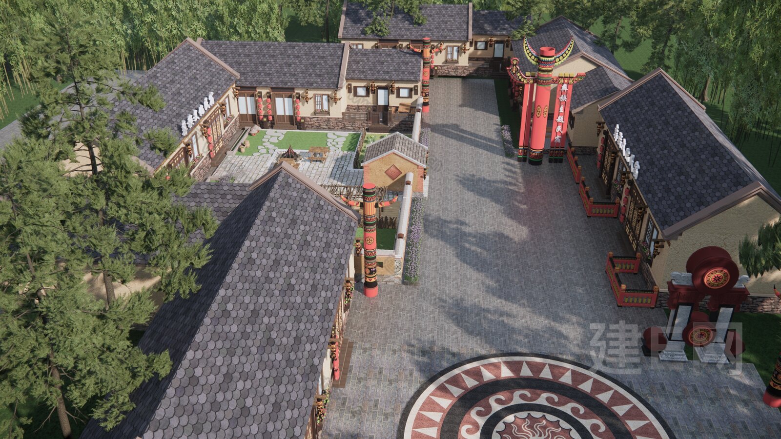 中式彝族乡村庭院 彝族民房改造 彝族民宿建筑 乡村民房 乡村庭院 民居院落模型SU模型下载[ID:106977278]_建e网su模型