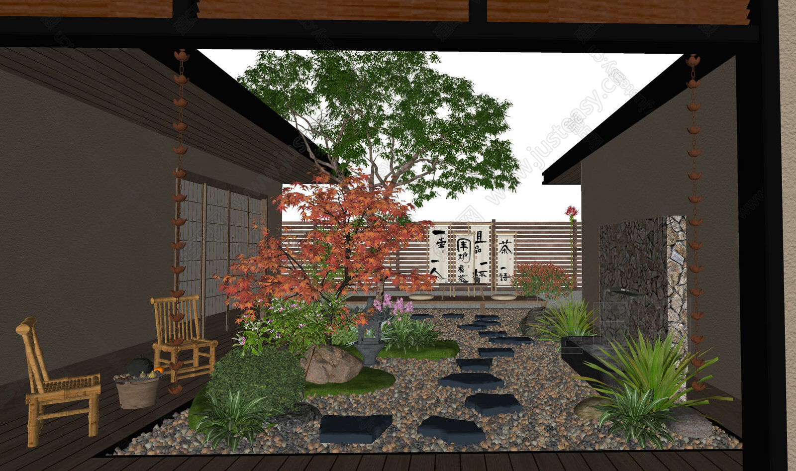 日式禅意庭院禅意天井 模型SU模型下载[ID:107828995]_建e网su模型