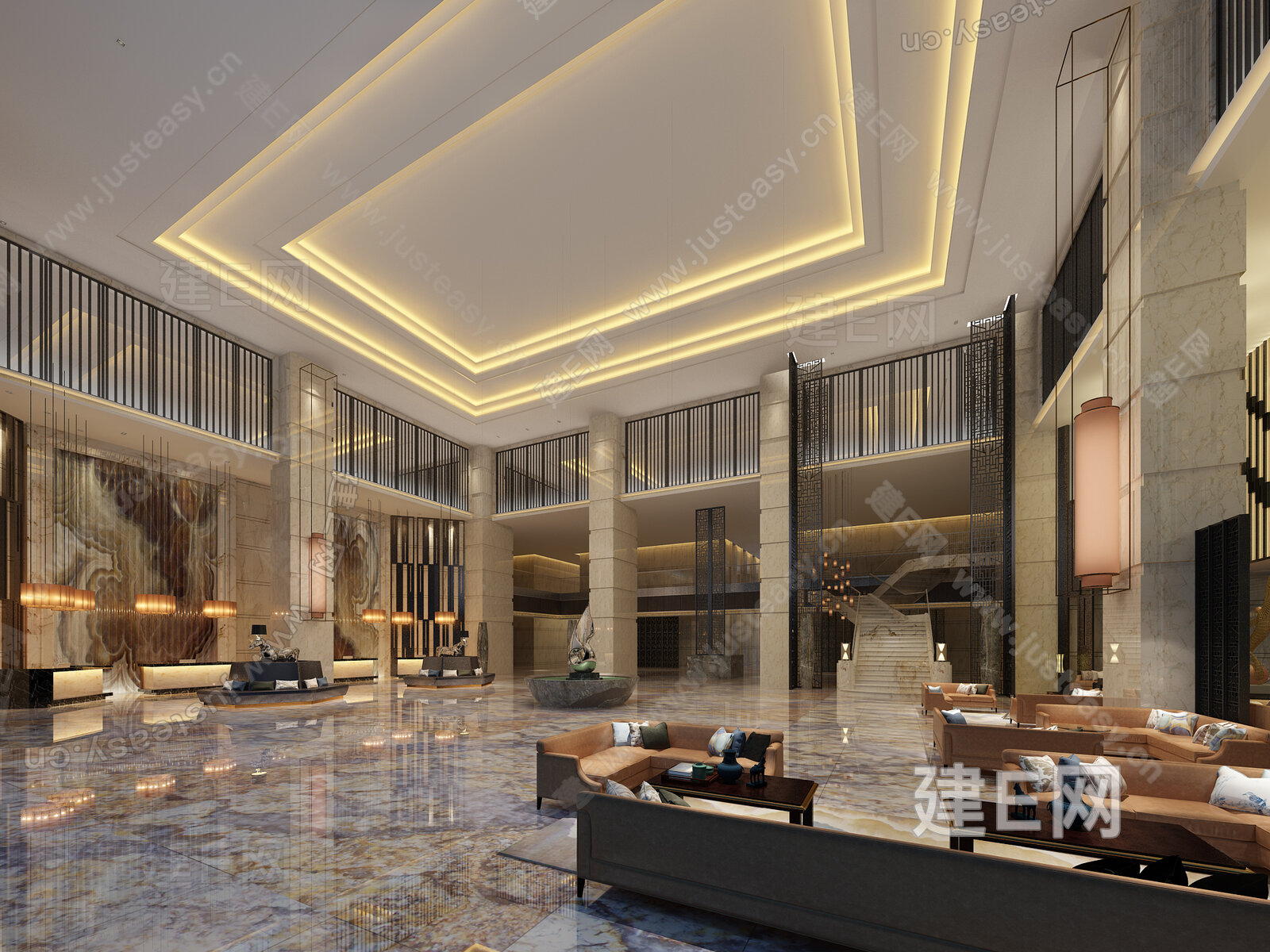 新中式酒店大堂3d模型下载[ID:115695263]_建e网3d模型