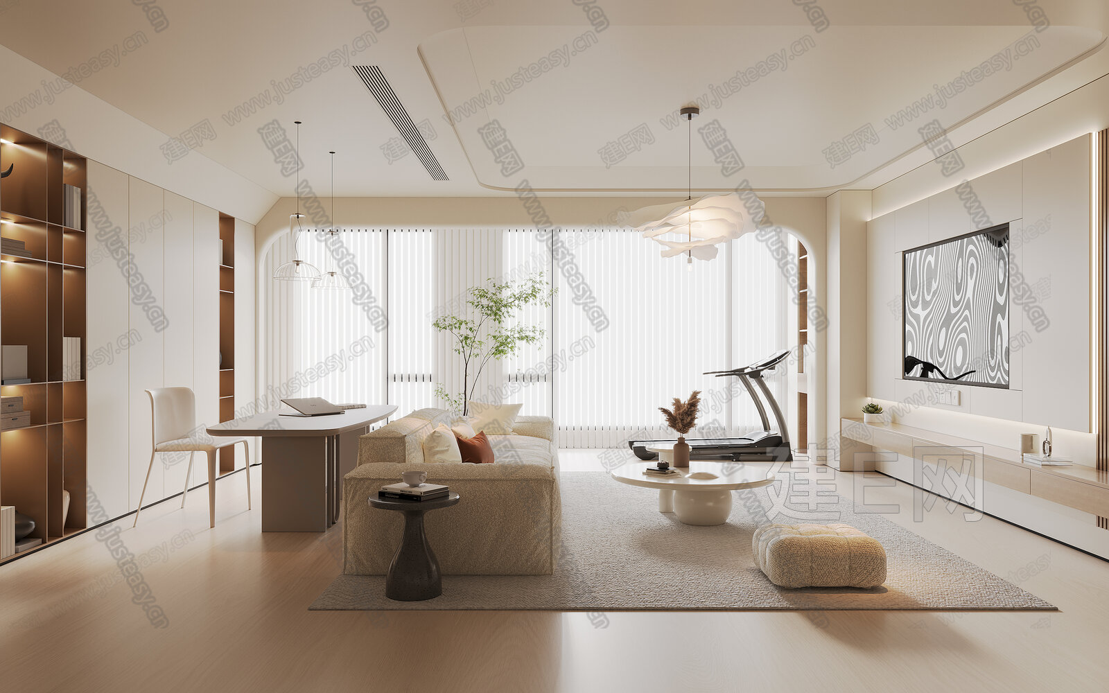 现代奶油风大平层客厅模型SU模型下载[ID:102520684]_建e网su模型