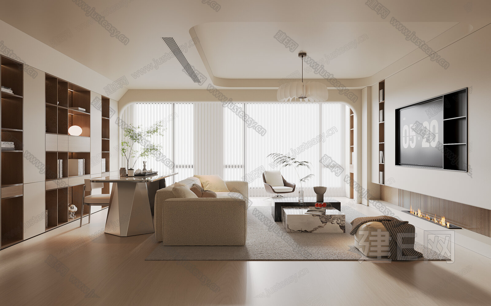 现代奶油风大平层客厅模型SU模型下载[ID:102520607]_建e网su模型