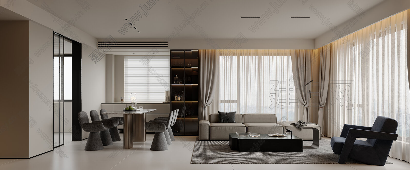 现代极简客餐厅模型SU模型下载[ID:102979435]_建e网su模型