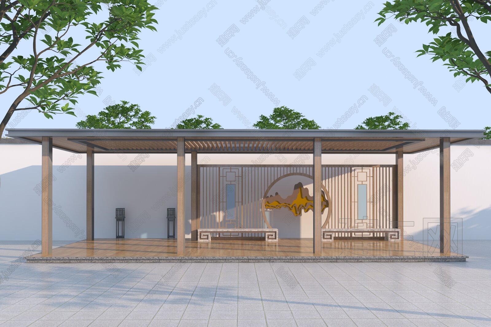 新中式景观廊架模型SU模型下载[ID:102782841]_建e网su模型