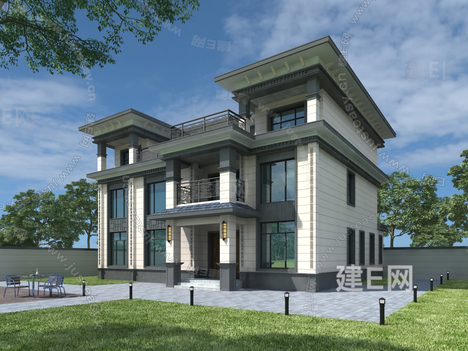 新中式别墅模型SU模型下载[ID:113334121]_建e网su模型