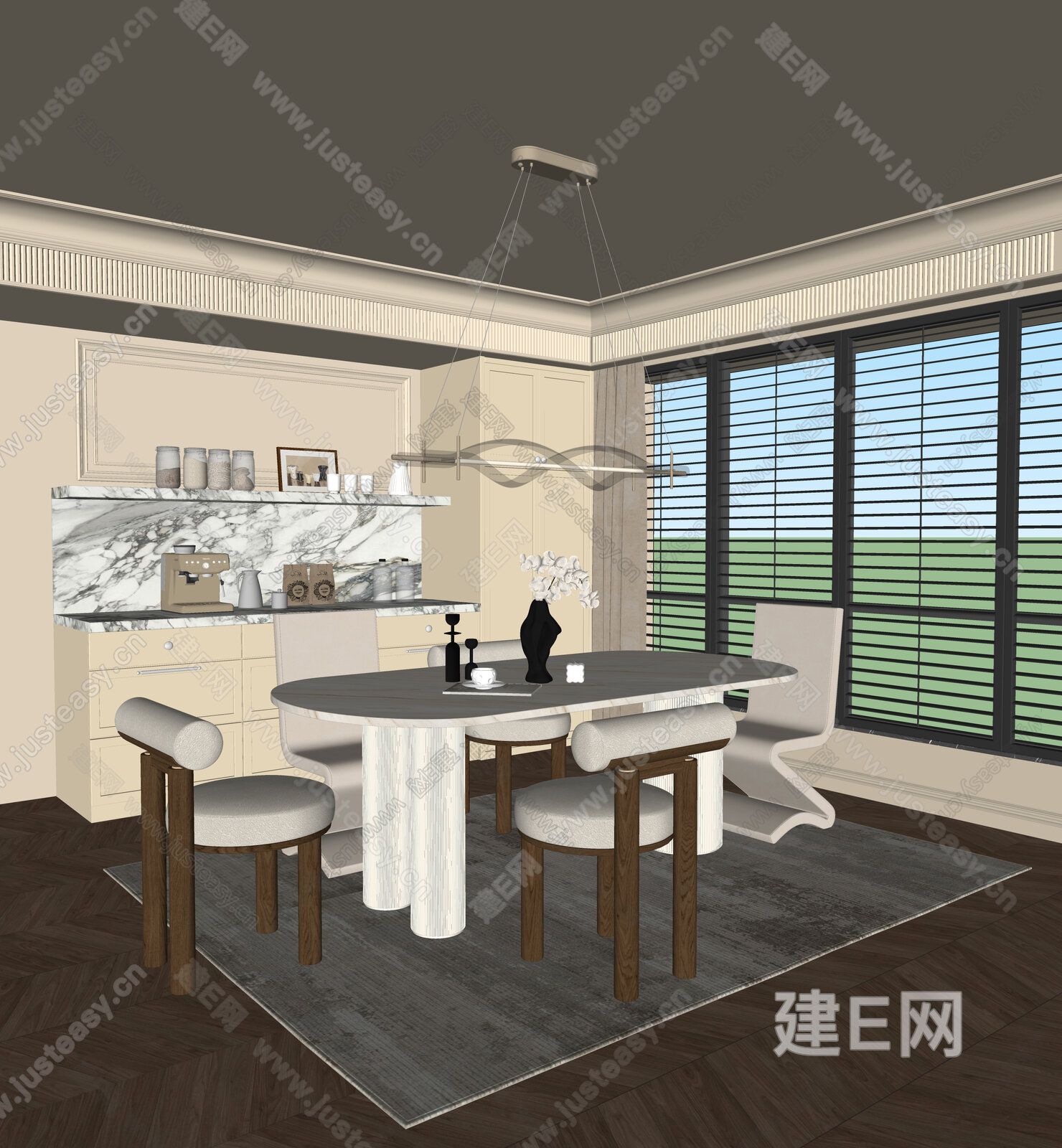 奶油风餐厅模型SU模型下载[ID:114579257]_建e网su模型