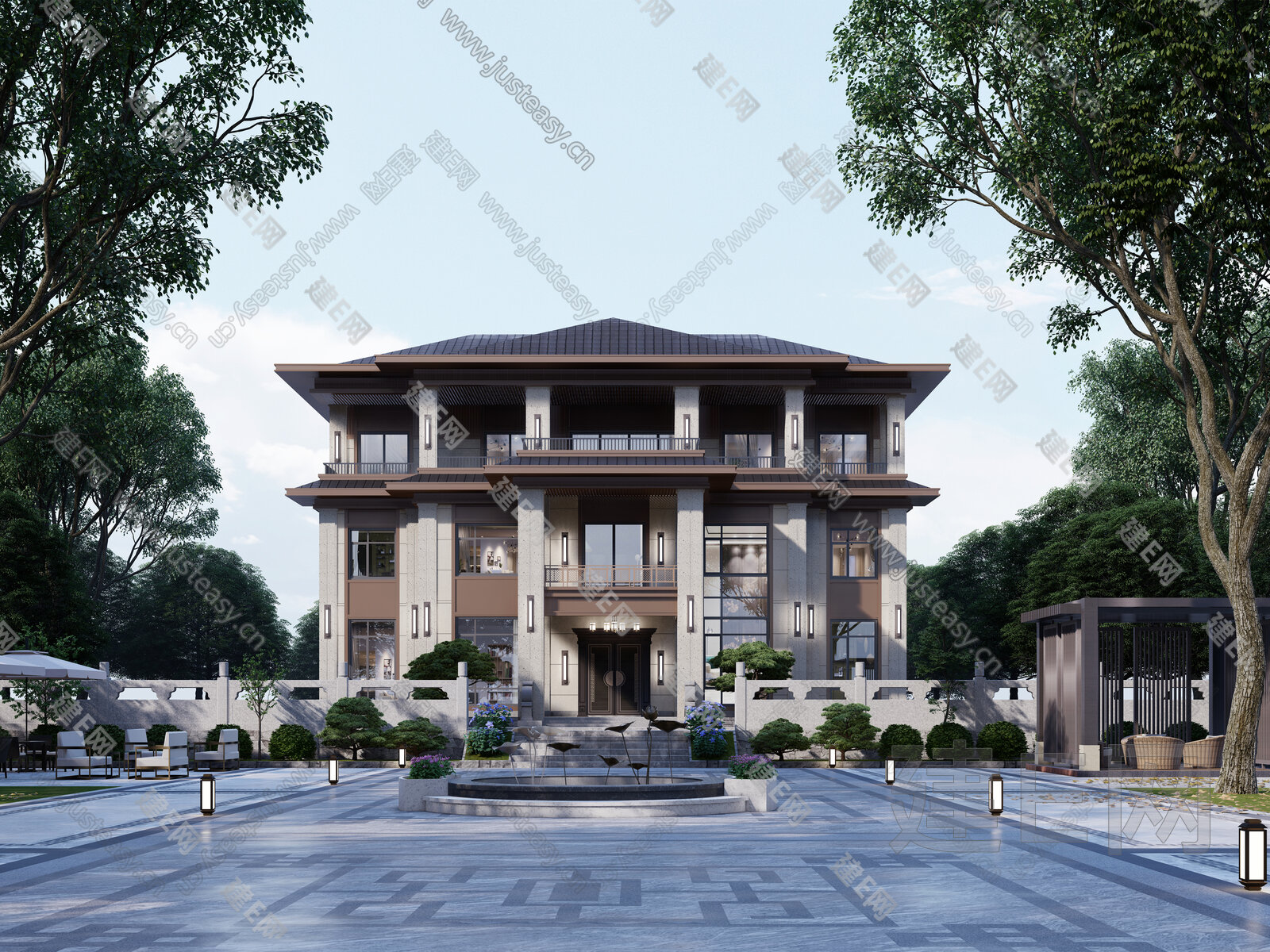 新中式别墅模型SU模型下载[ID:115038161]_建e网su模型
