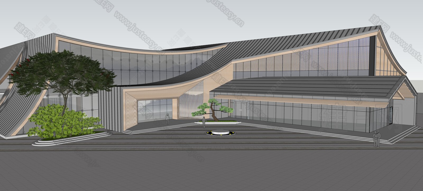 现代展览馆建筑 坡屋顶展览馆博物馆模型SU模型下载[ID:116217786]_建e网su模型