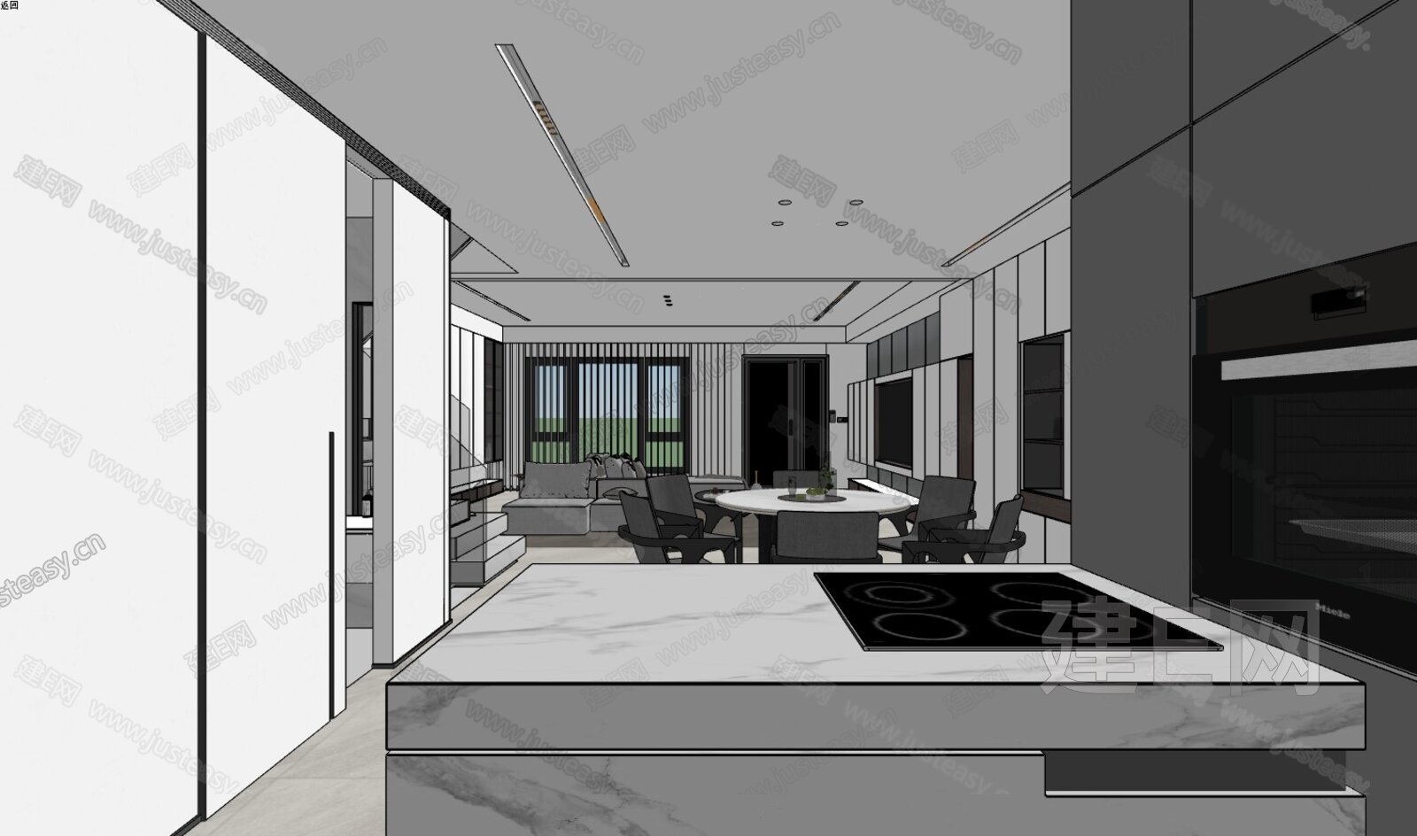 现代极简客餐厅模型SU模型下载[ID:116414456]_建e网su模型