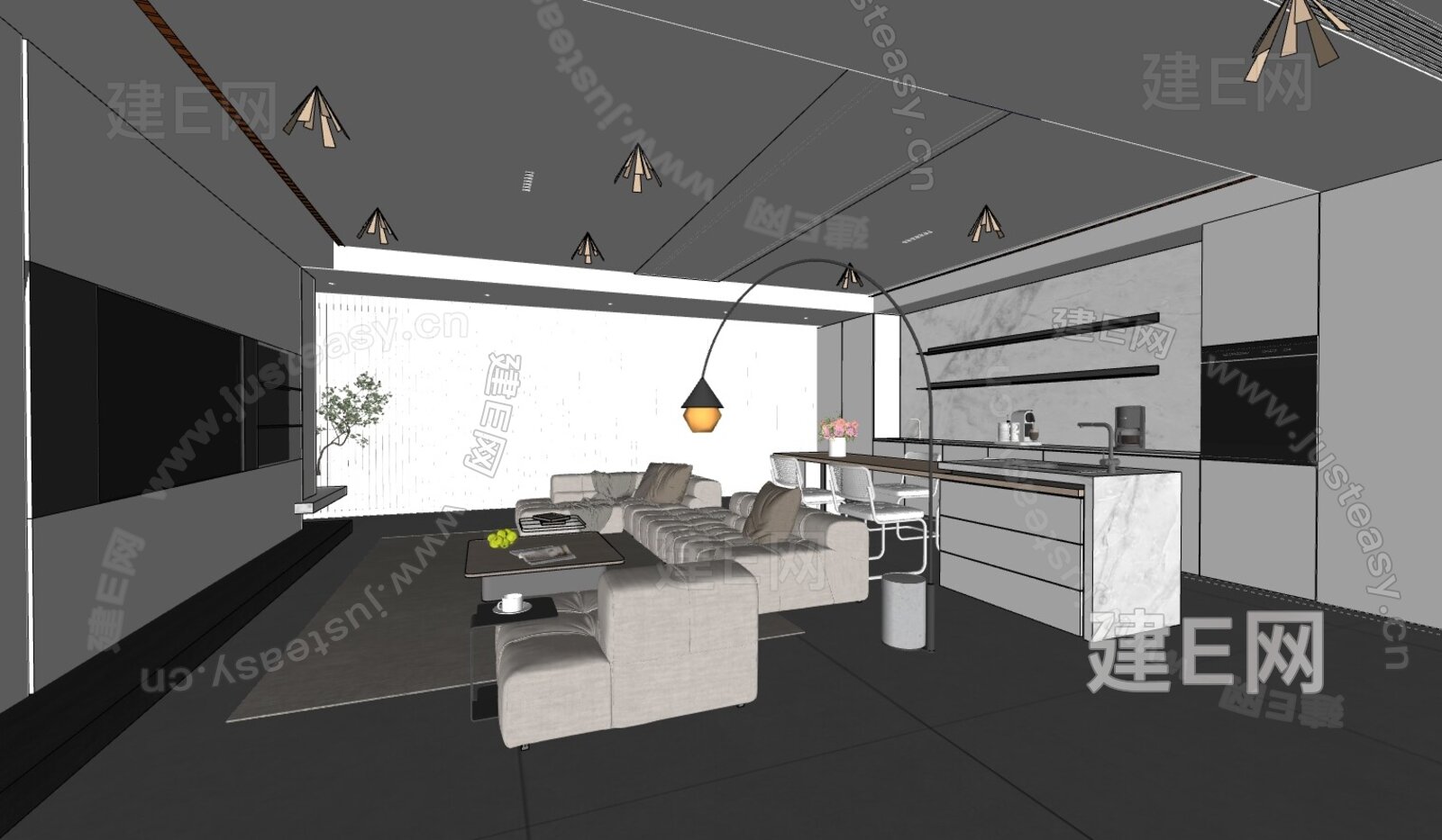 现代极简客餐厅模型SU模型下载[ID:116414443]_建e网su模型