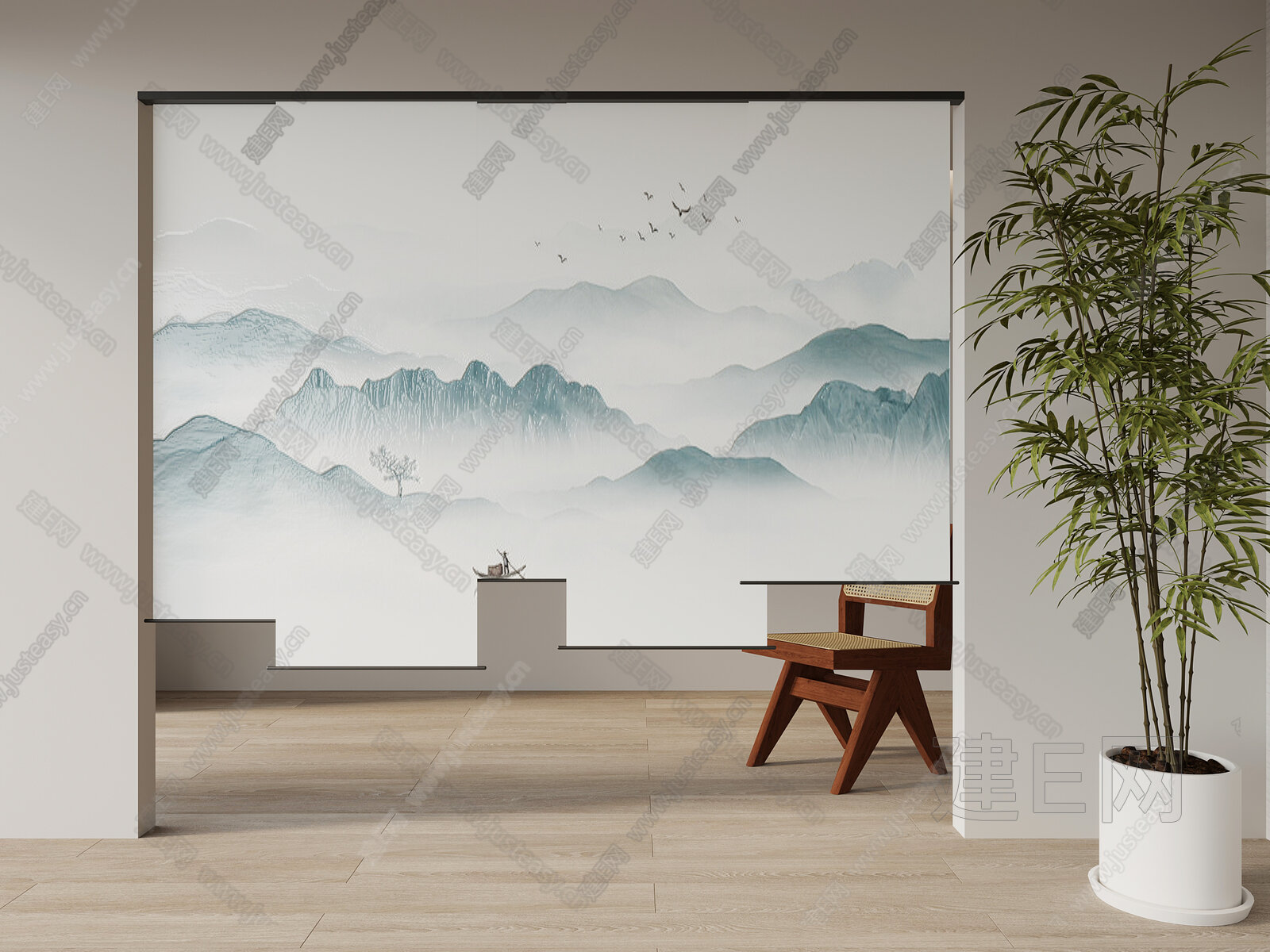 新中式卷帘 水墨画卷帘 藤编椅模型SU模型下载[ID:109532943]_建e网su模型