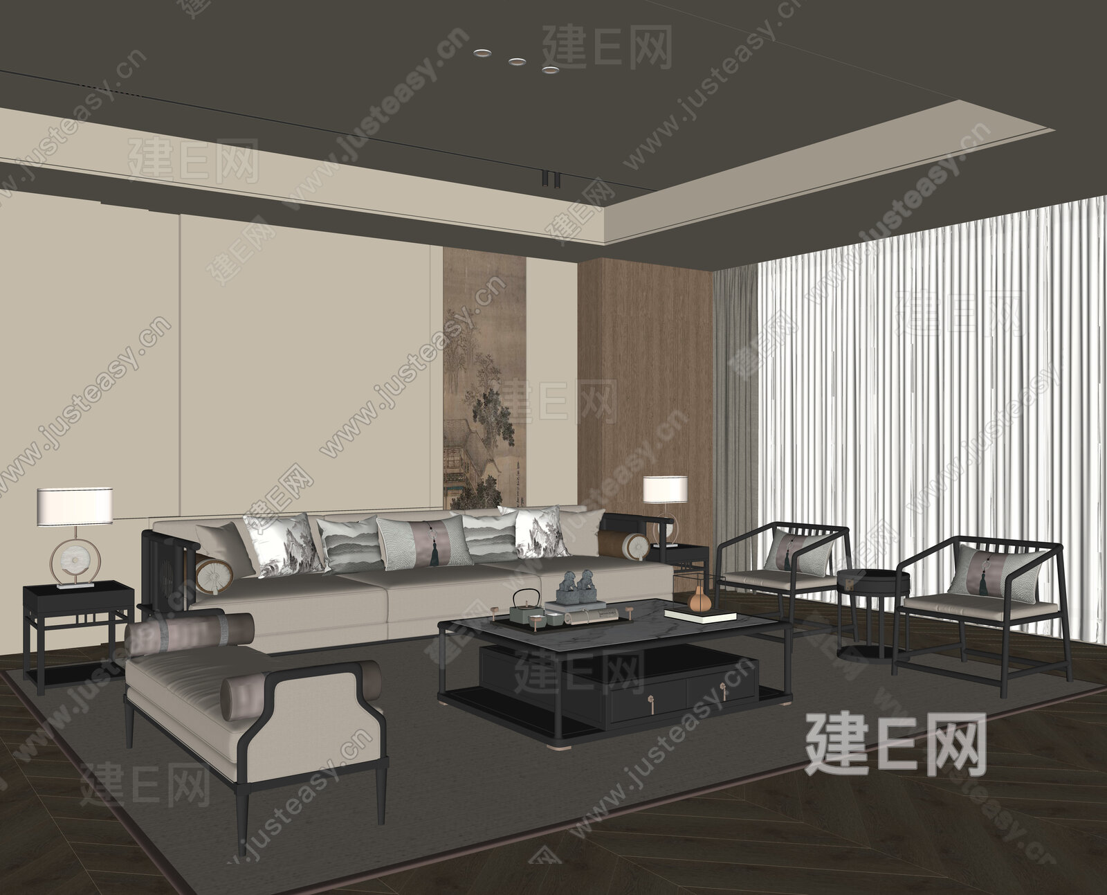 新中式客厅模型SU模型下载[ID:109270961]_建e网su模型