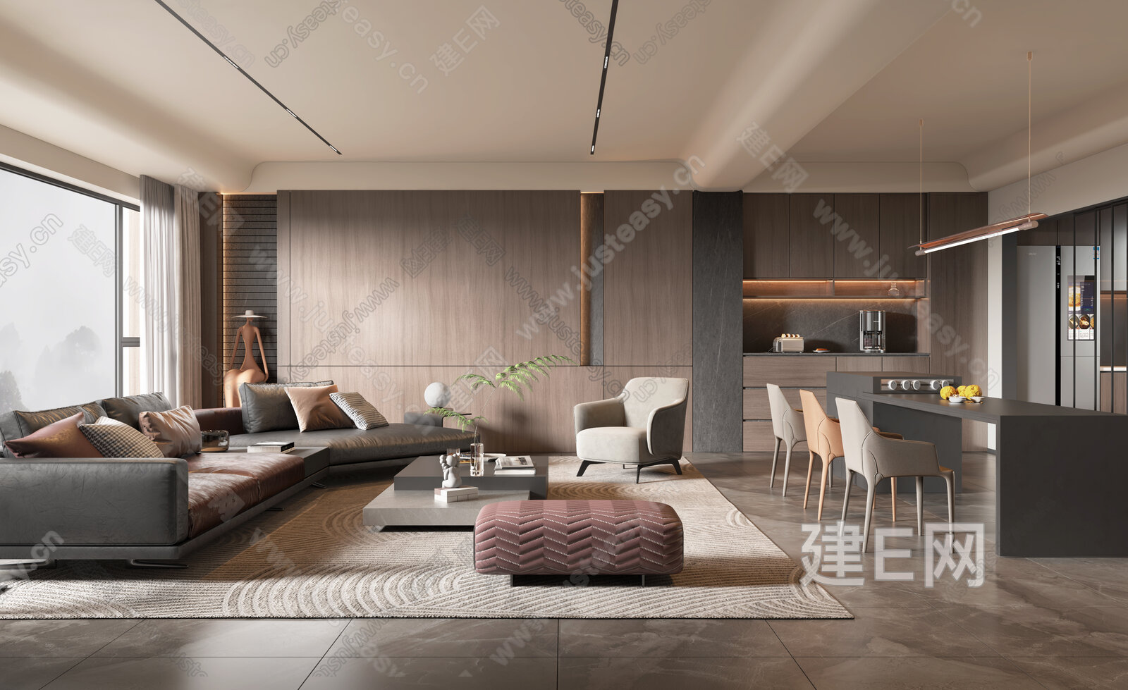 现代意式客餐厅 沙发茶几组合 岛台餐桌椅模型SU模型下载[ID:111171567]_建e网su模型