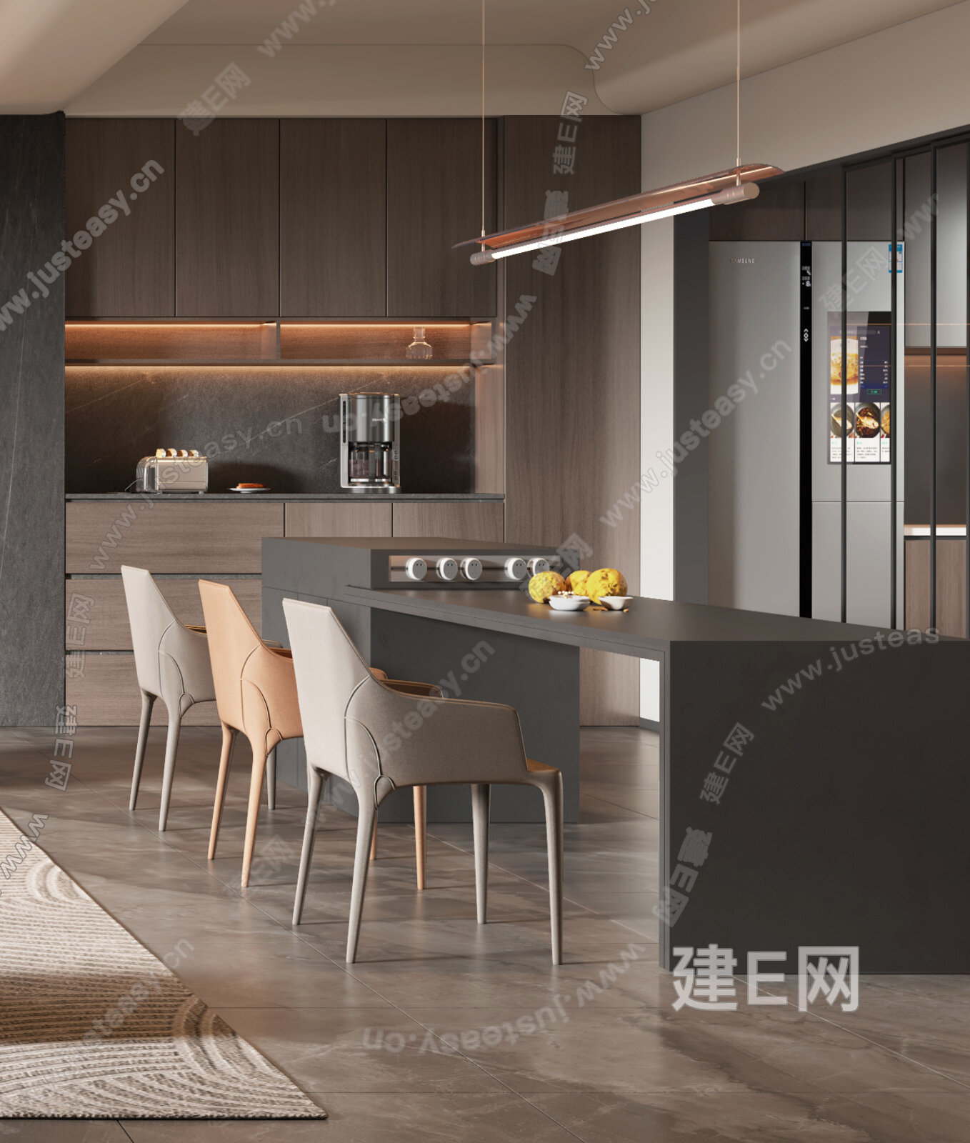 现代意式客餐厅 沙发茶几组合 岛台餐桌椅模型SU模型下载[ID:111171567]_建e网su模型