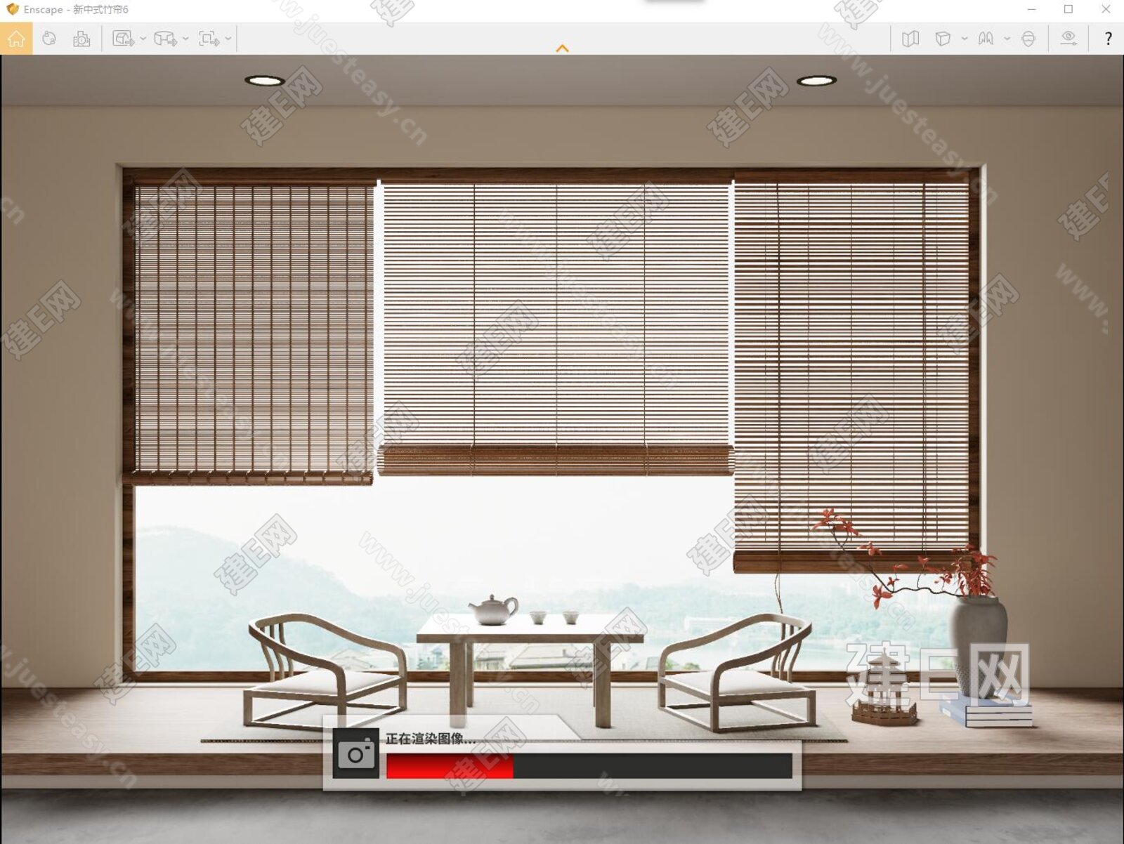 新中式竹帘卷帘拉帘模型SU模型下载[ID:112482049]_建e网su模型