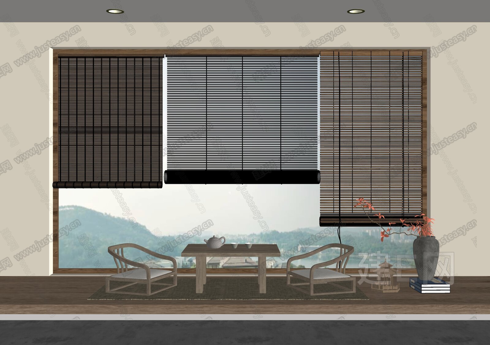 新中式竹帘卷帘拉帘模型SU模型下载[ID:112482049]_建e网su模型