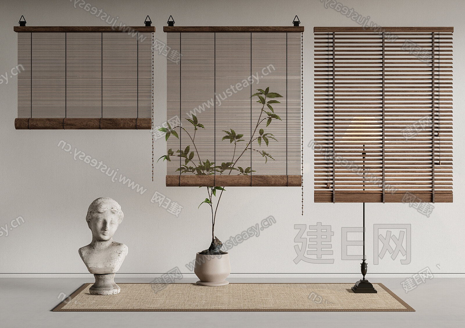 新中式竹帘卷帘拉帘模型SU模型下载[ID:112482145]_建e网su模型
