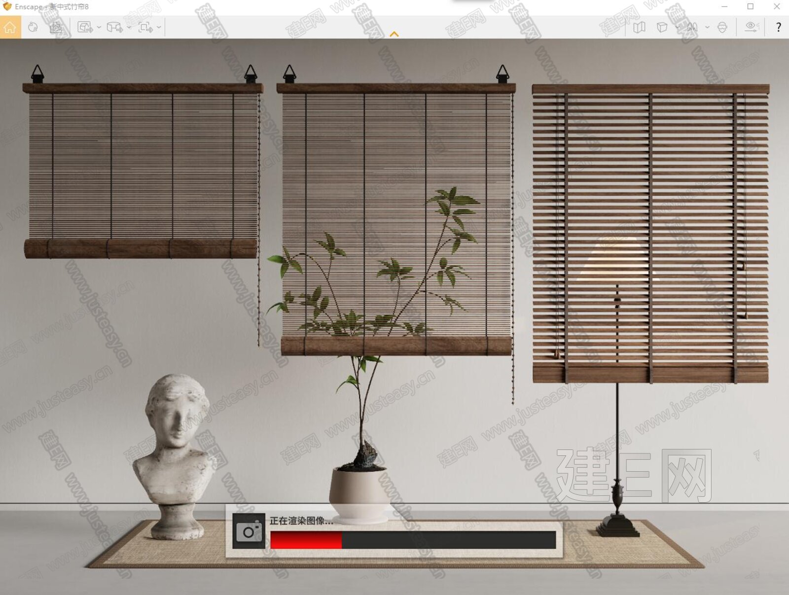 新中式竹帘卷帘拉帘模型SU模型下载[ID:112482145]_建e网su模型