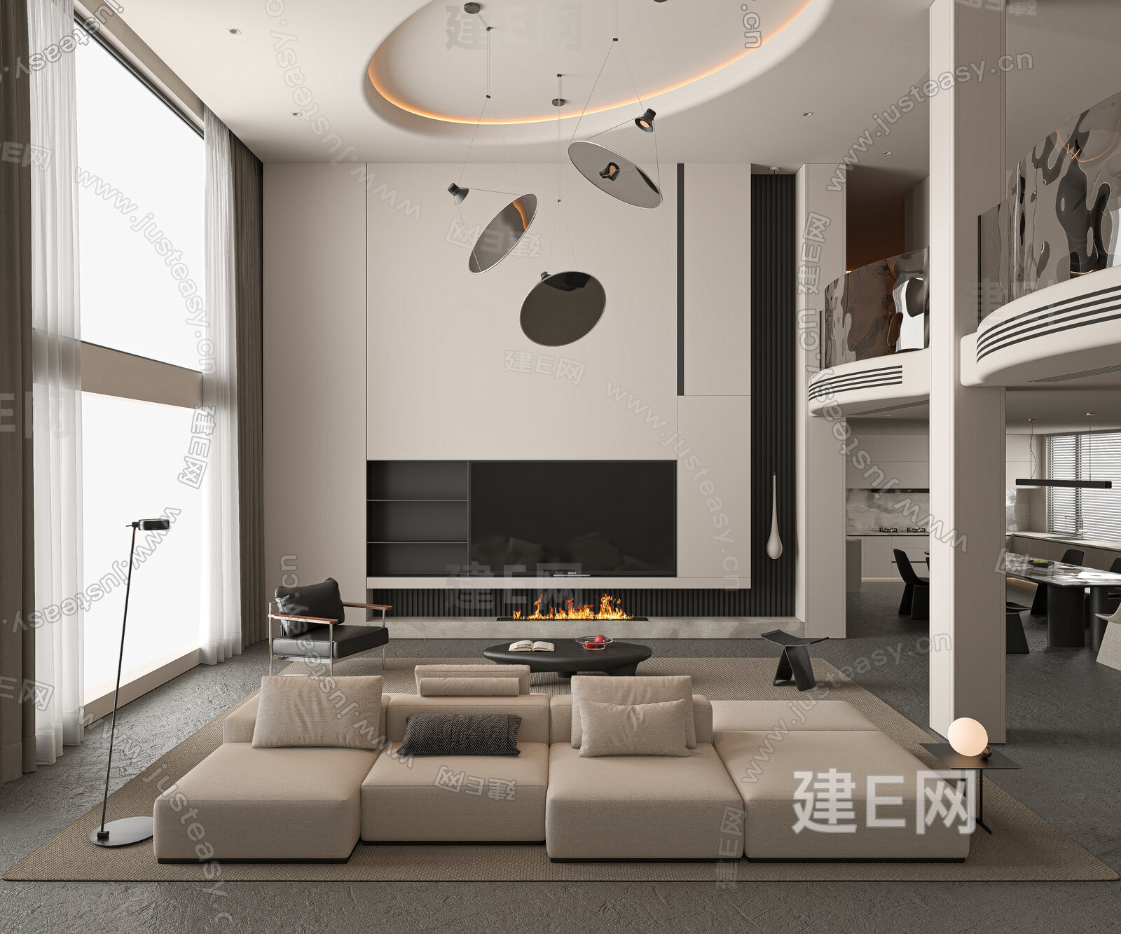 现代轻奢别墅客厅 挑空别墅客厅 玻璃栏杆模型SU模型下载[ID:112744248]_建e网su模型