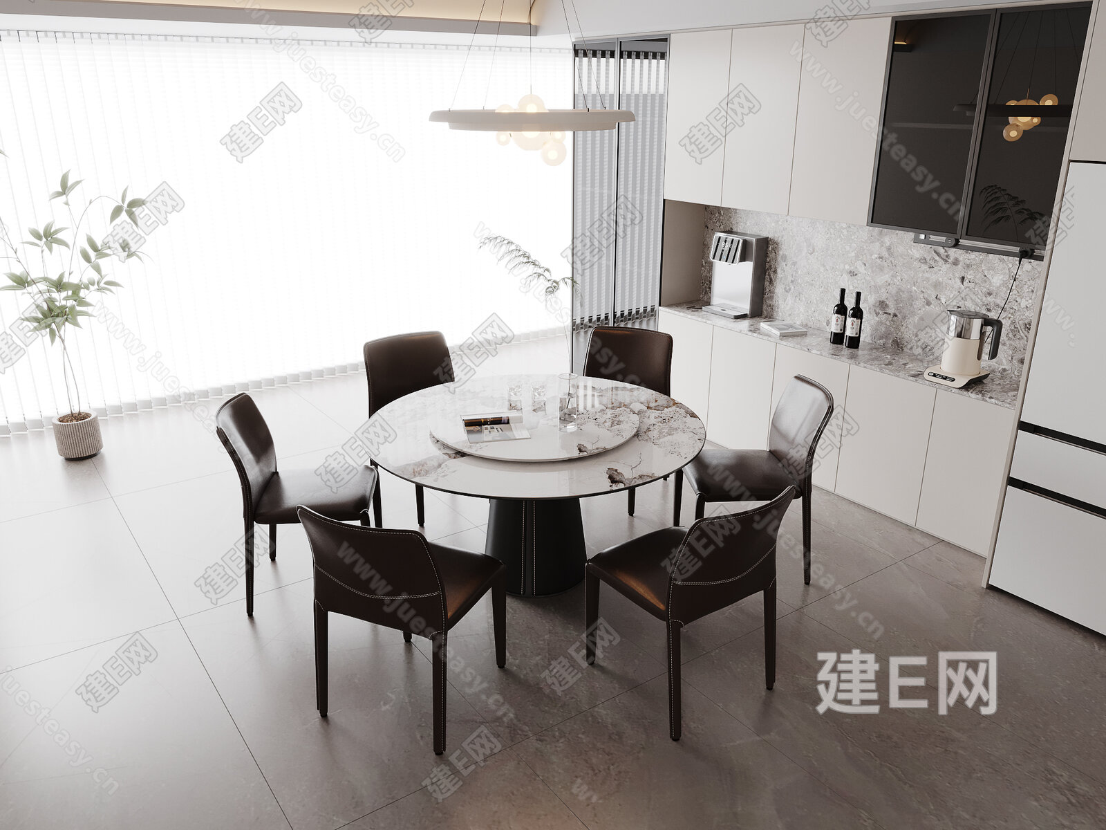 现代圆形餐桌椅组合 圆形吊灯 绿植 冰箱模型SU模型下载[ID:112744220]_建e网su模型