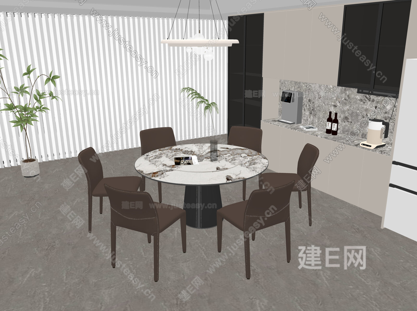 现代圆形餐桌椅组合 圆形吊灯 绿植 冰箱模型SU模型下载[ID:112744220]_建e网su模型