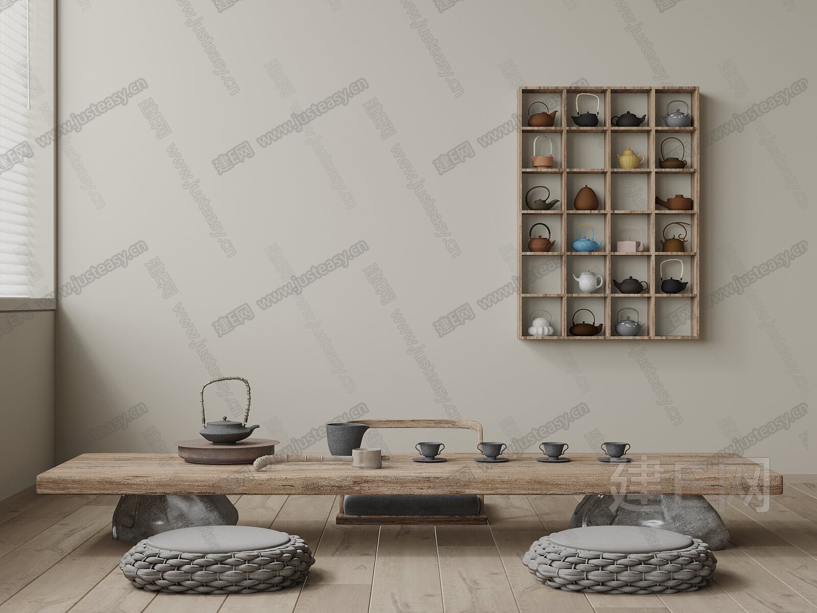 中古风茶室实木茶桌椅组合装饰柜茶具摆件模型SU模型下载[ID:105862850]_建e网su模型