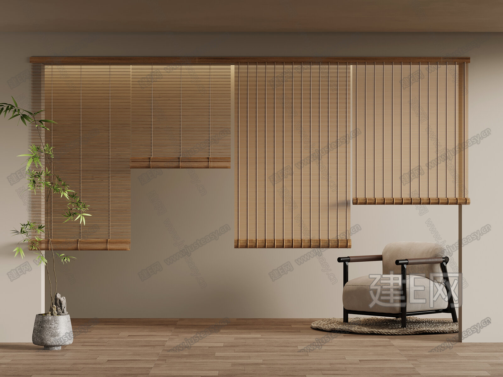 新中式竹帘 卷帘 休闲沙发 绿植盆栽3d模型下载[ID:115237188]_建e网3d模型