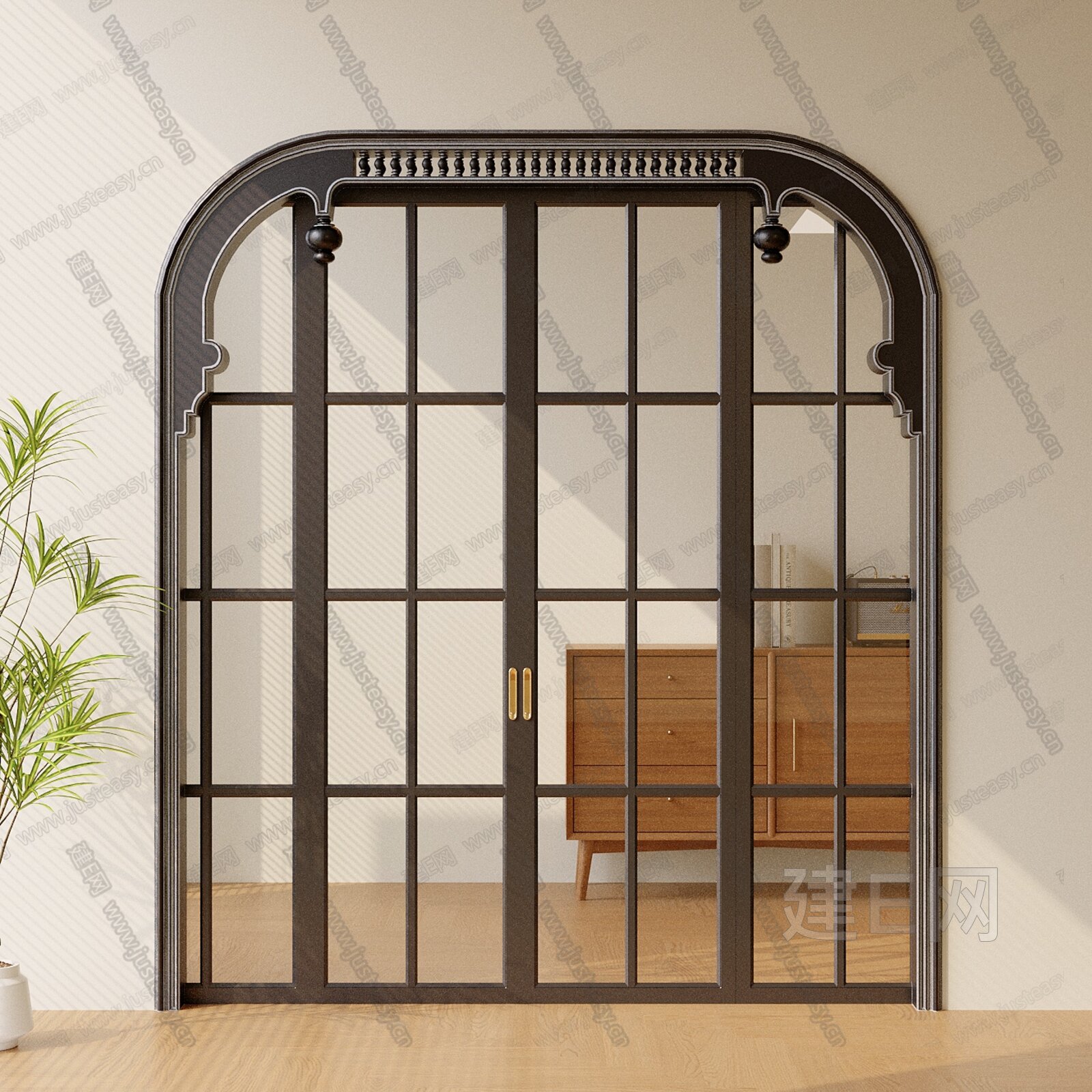 法式复古移门 绿植 结构门窗模型SU模型下载[ID:108353159]_建e网su模型