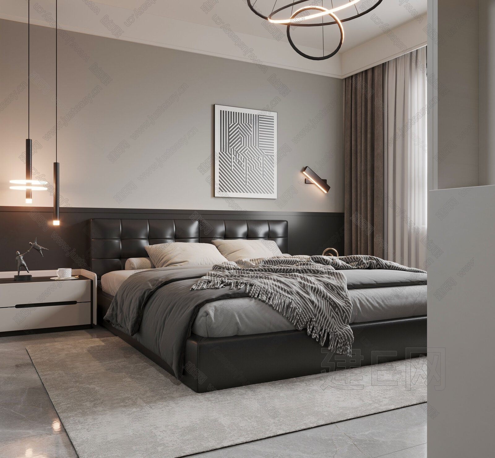 现代黑白灰卧室3d模型下载[ID:109928768]_建e网3d模型