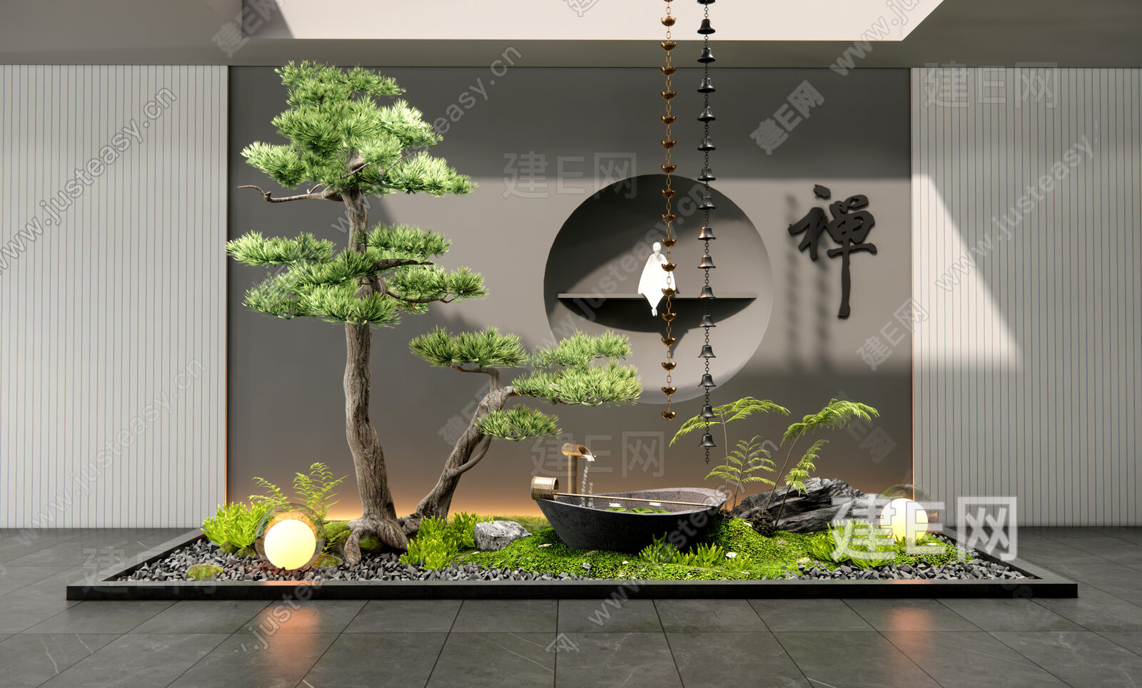新中式室内景观造景模型SU模型下载[ID:101144319]_建e网su模型