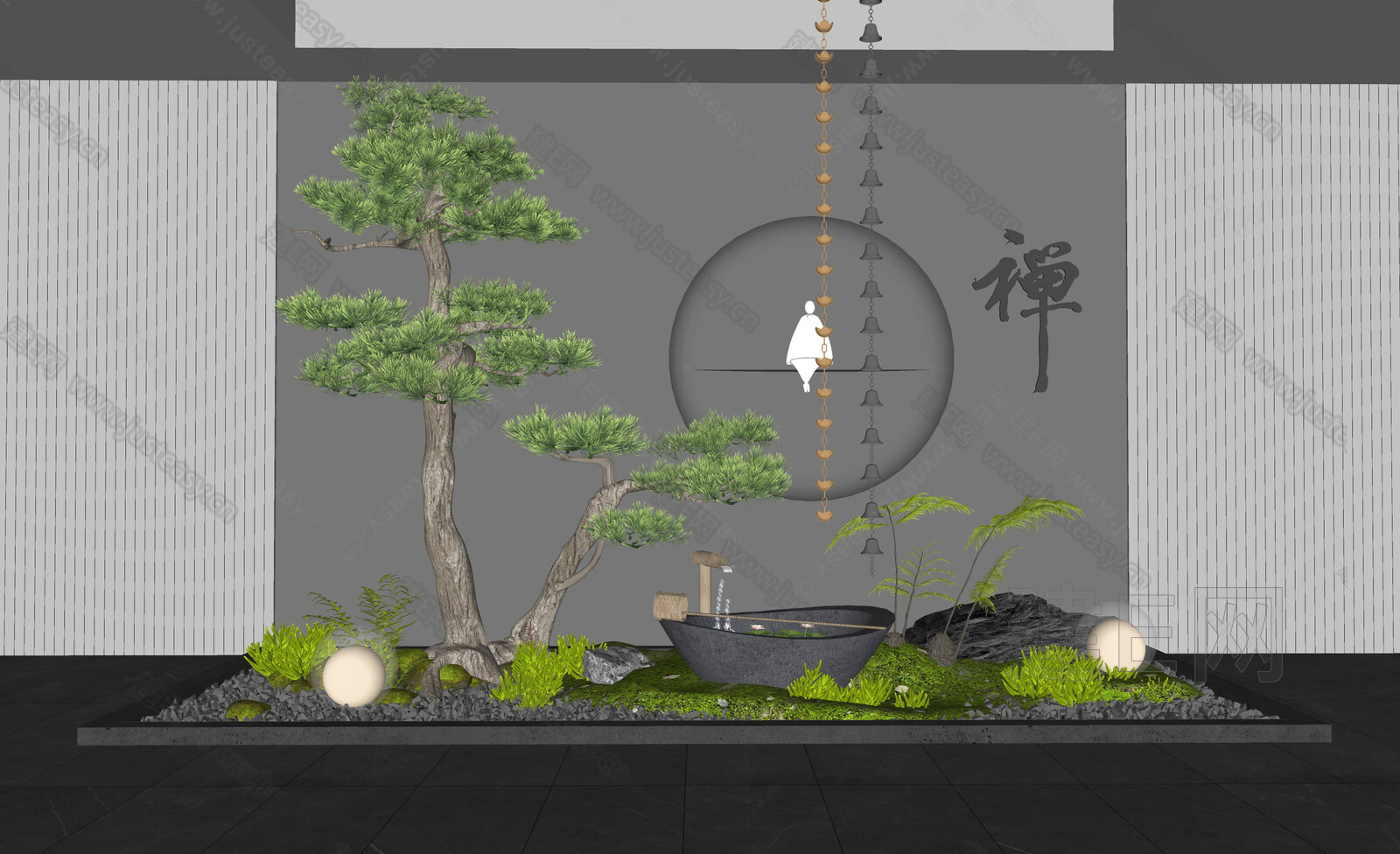 新中式室内景观造景模型SU模型下载[ID:101144319]_建e网su模型