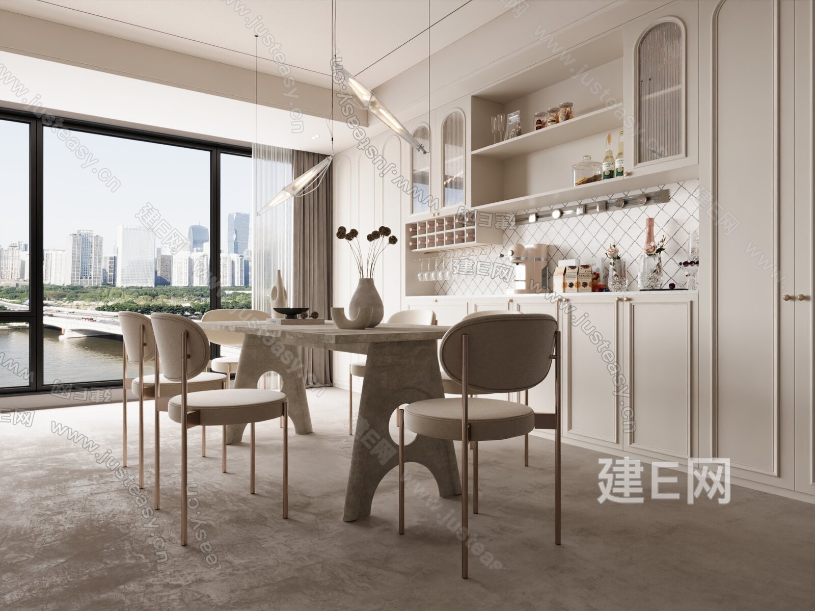 法式奶油家居餐厅 岛台餐厅 吊灯 酒柜模型SU模型下载[ID:101144277]_建e网su模型