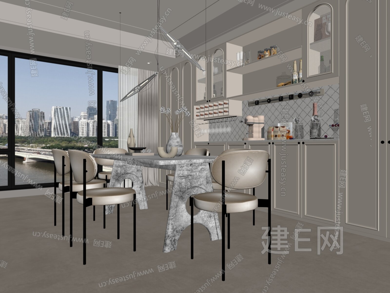 法式奶油家居餐厅 岛台餐厅 吊灯 酒柜模型SU模型下载[ID:101144277]_建e网su模型