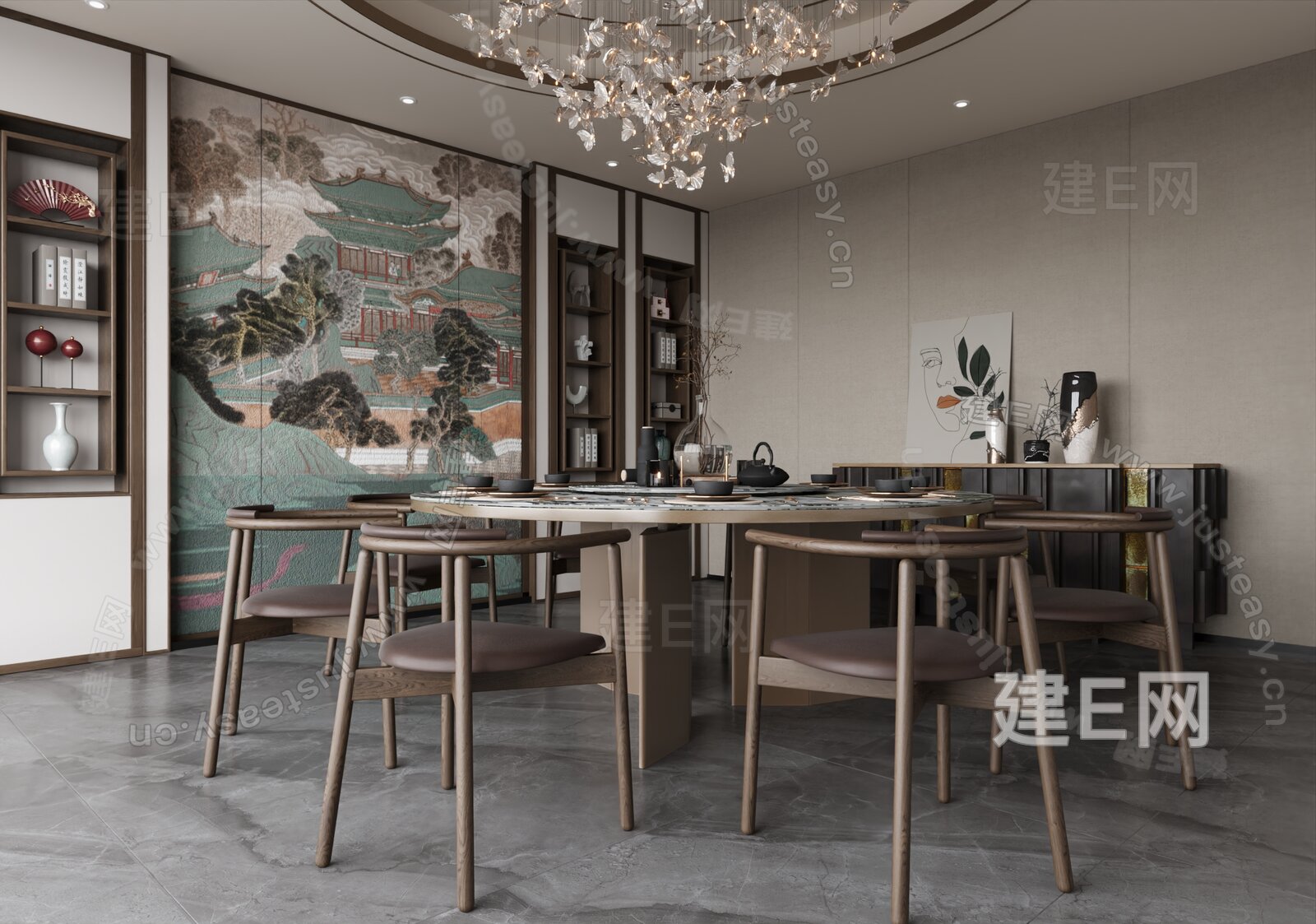 新中式家居餐厅 圆餐桌椅 吊灯 酒柜3d模型下载[ID:110453074]_建e网3d模型