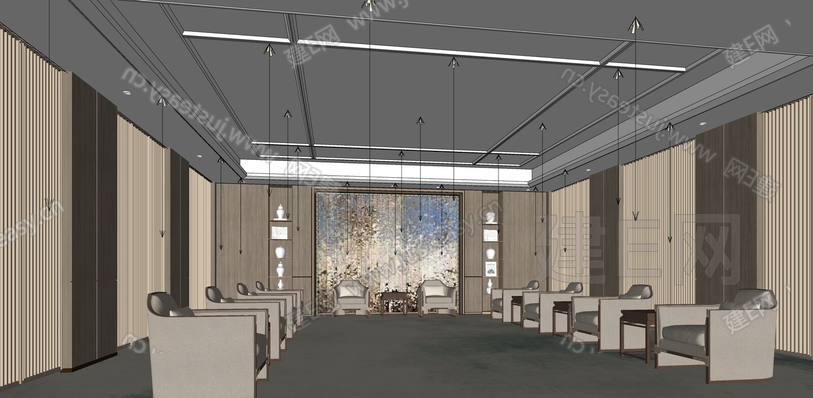 新中式会客厅 贵宾接待室模型SU模型下载[ID:104486417]_建e网su模型