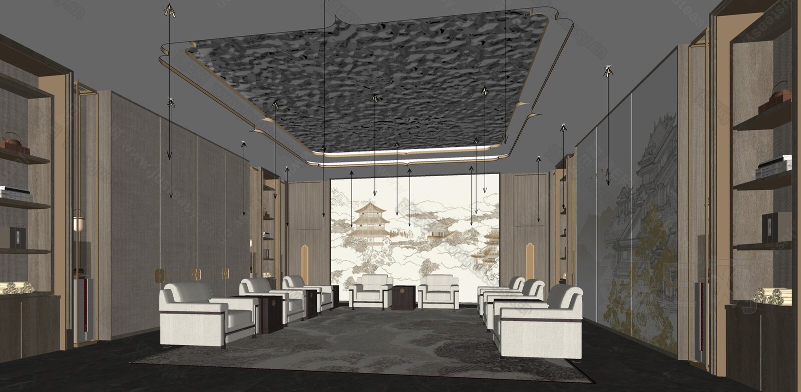 新中式贵宾接待室 会客厅模型SU模型下载[ID:114906683]_建e网su模型