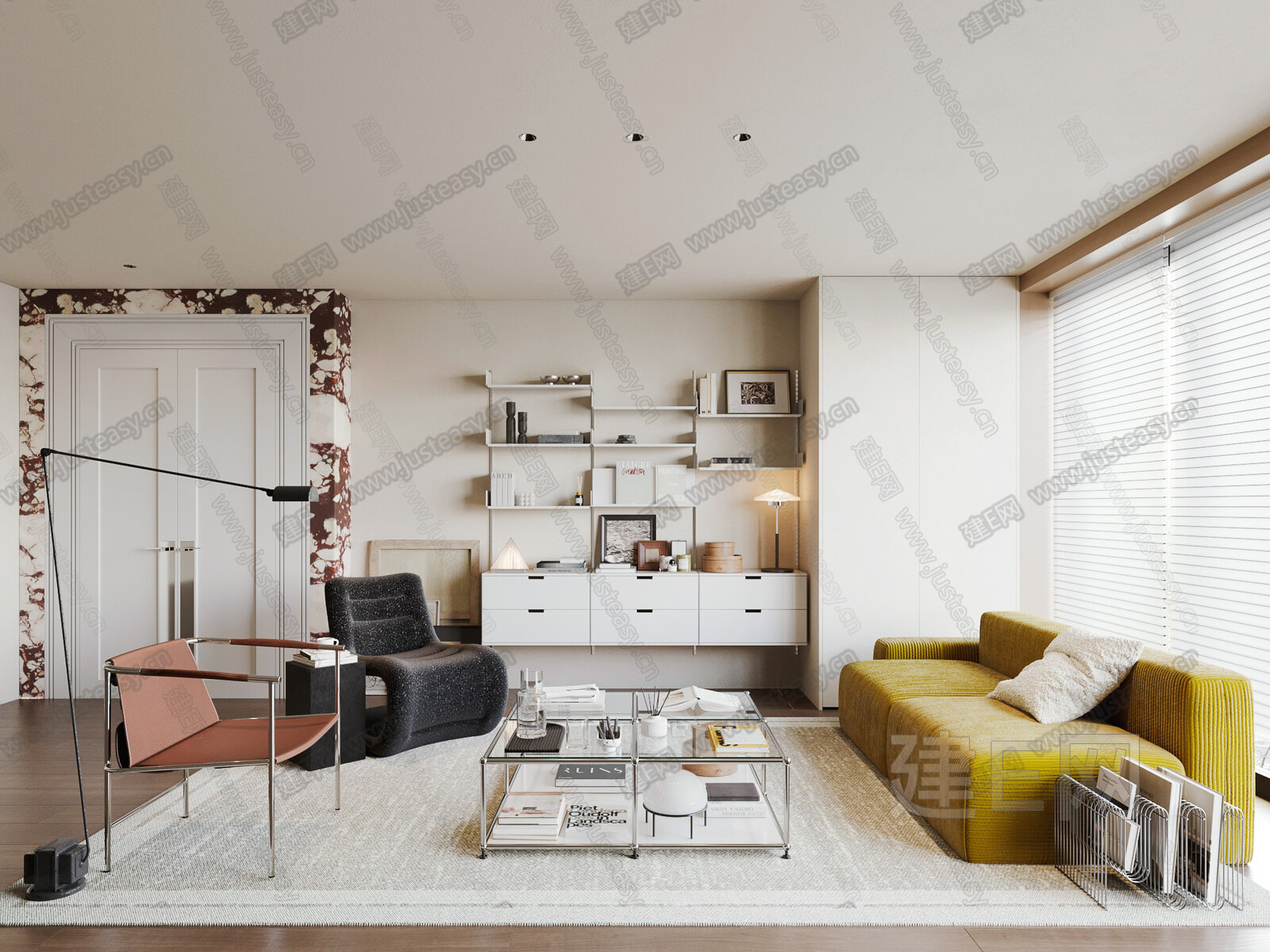 现代中古奶油风客厅3d模型下载[ID:105799789]_建e网3d模型