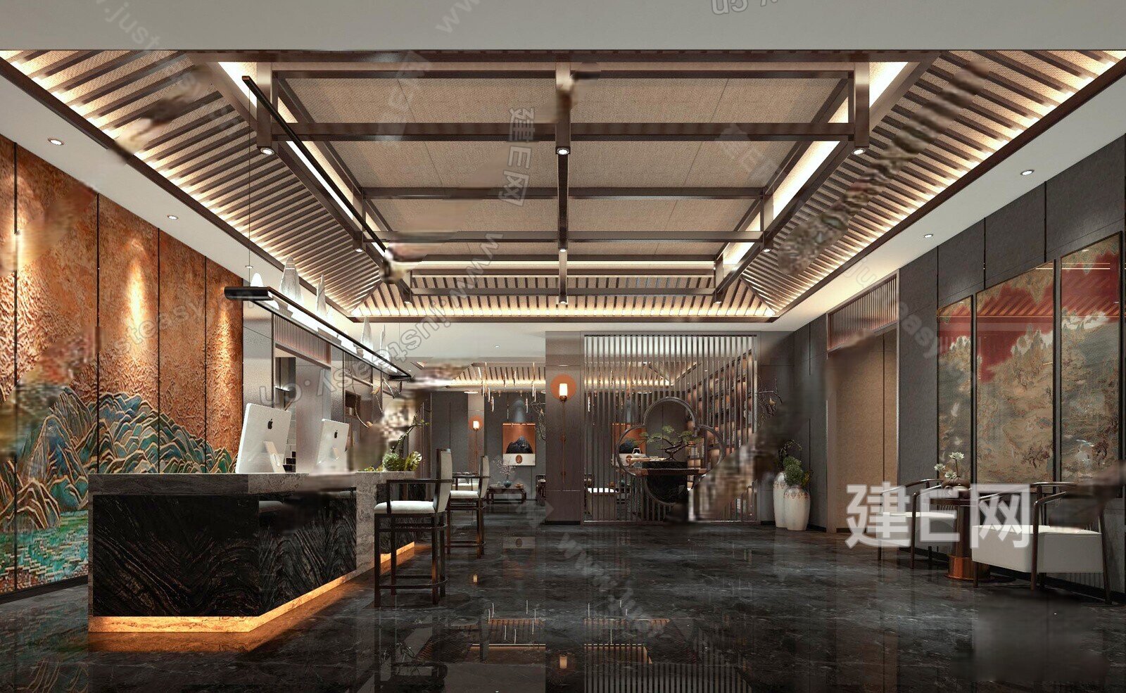酒店 大厅 大堂 前台 洽谈区模型SU模型下载[ID:116872784]_建e网su模型