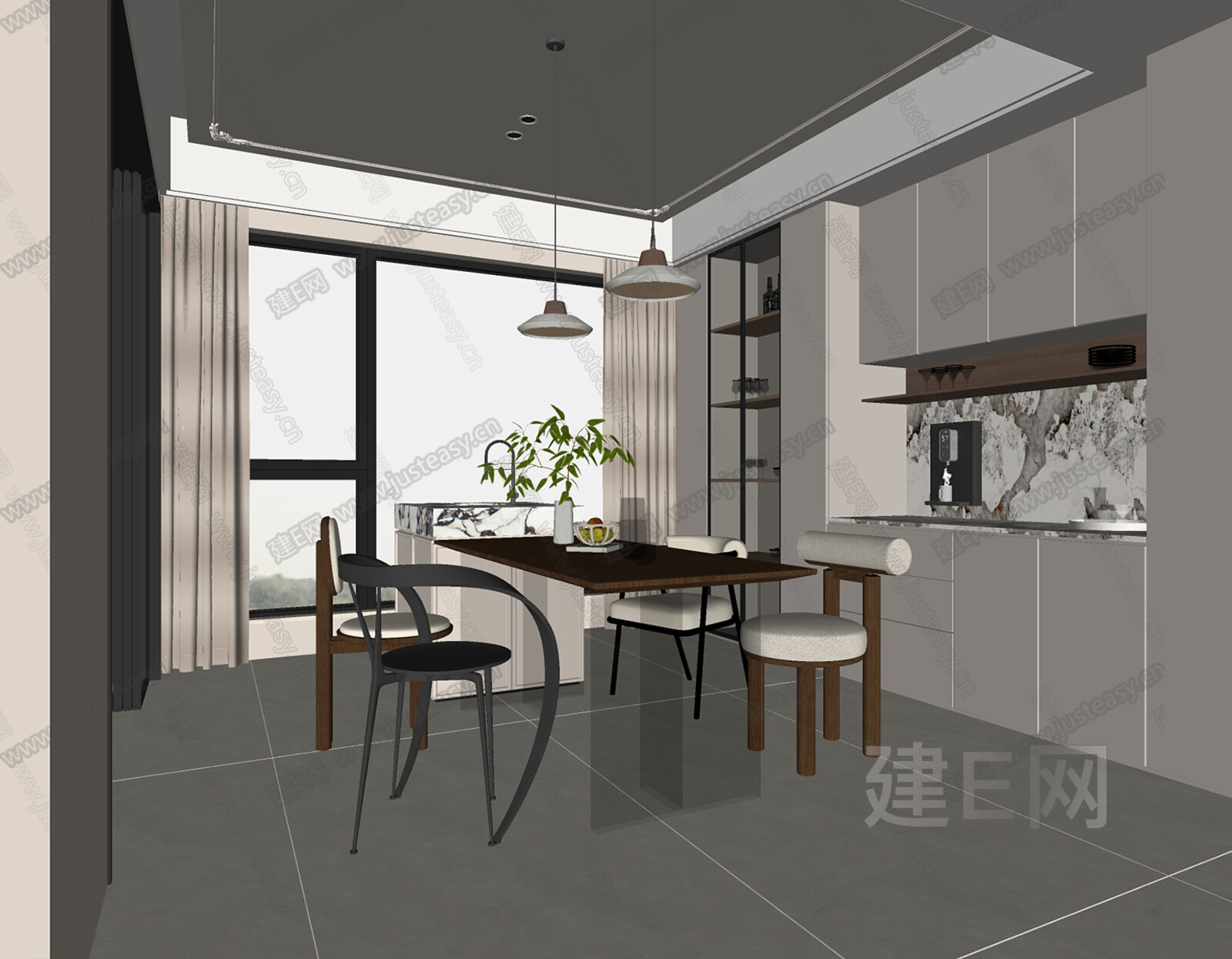现代奶油风餐厅模型SU模型下载[ID:116414122]_建e网su模型