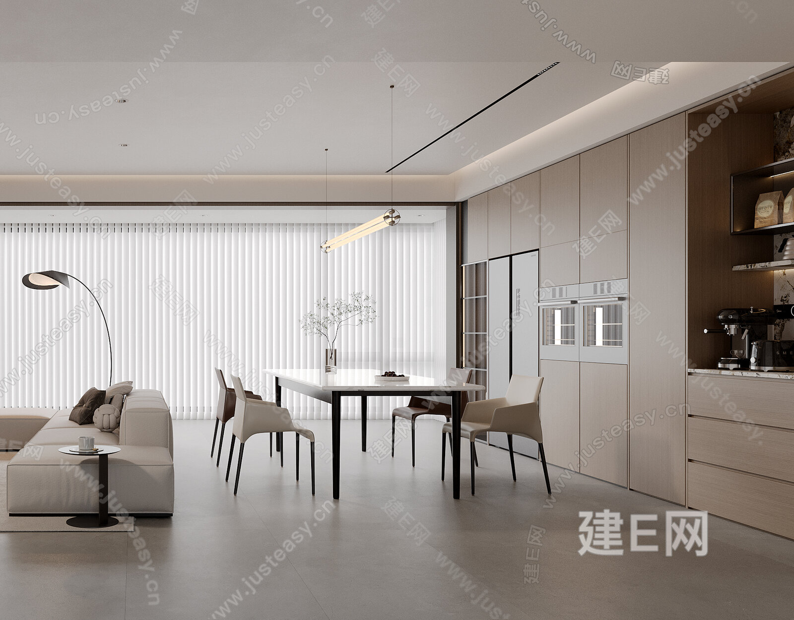 现代极简客餐厅 沙发茶几组合 餐桌椅组合模型SU模型下载[ID:110253641]_建e网su模型