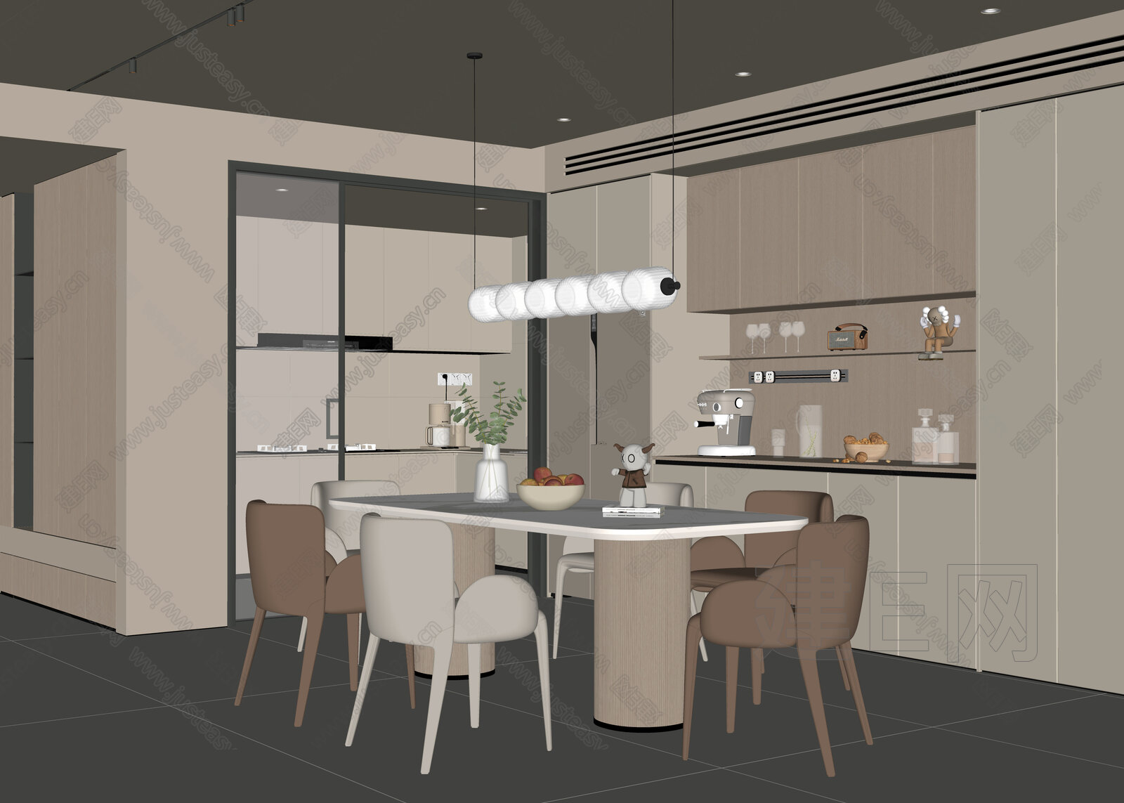 现代奶油风餐厅模型SU模型下载[ID:111498792]_建e网su模型