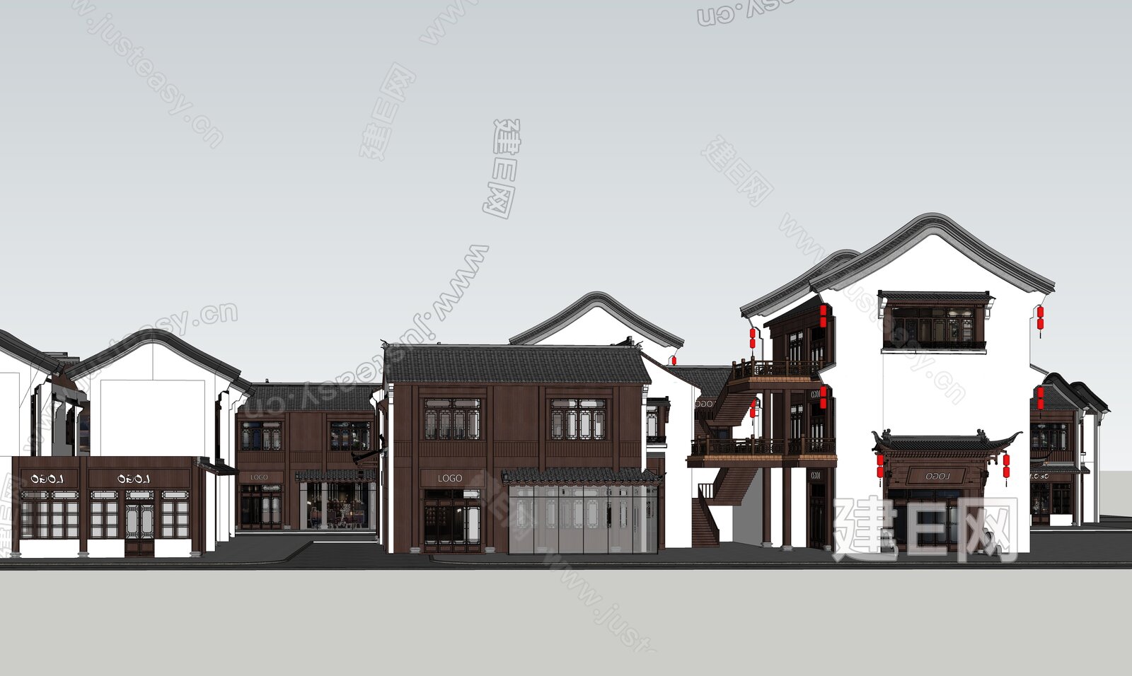 新中式商业街 徽派商业街建筑模型SU模型下载[ID:112875120]_建e网su模型