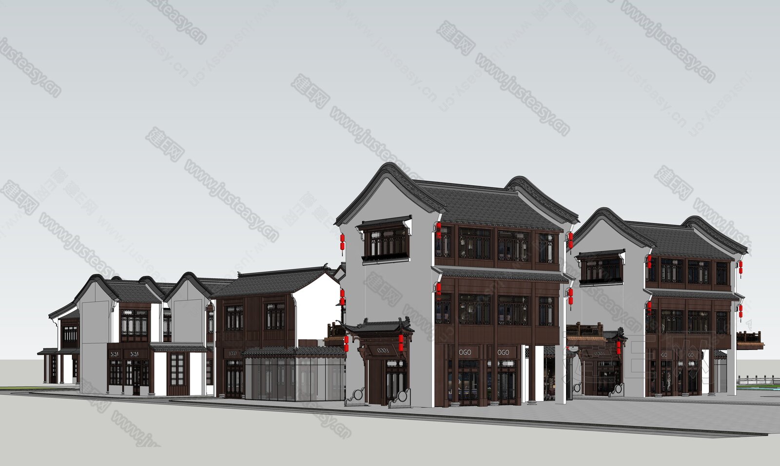 新中式商业街 徽派商业街建筑模型SU模型下载[ID:112875120]_建e网su模型