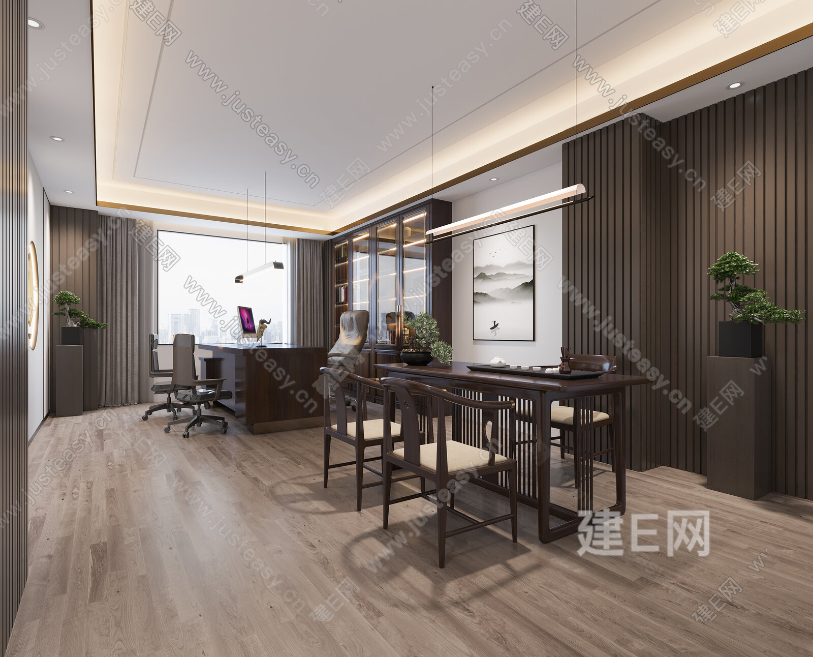 新中式总经理办公室模型SU模型下载[ID:106125745]_建e网su模型