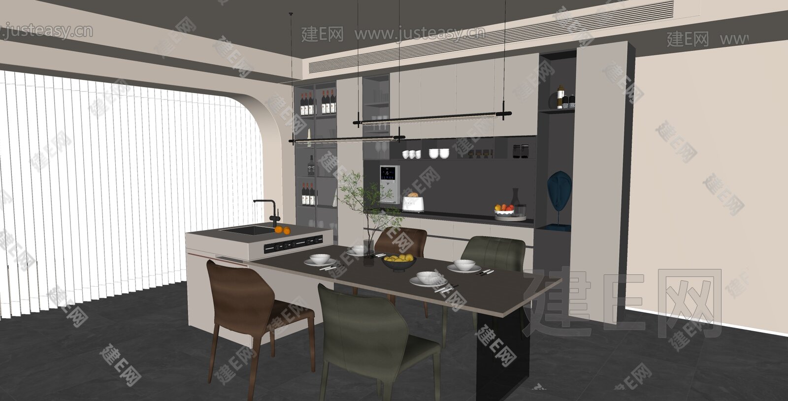 现代餐厅 岛台餐桌椅组合 餐边柜酒柜模型SU模型下载[ID:106912252]_建e网su模型