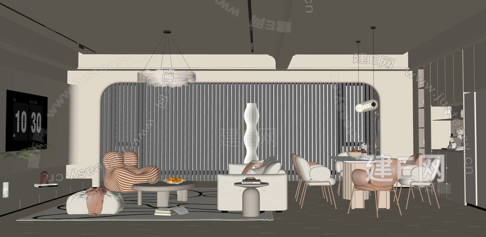 现代奶油风客餐厅模型SU模型下载[ID:101145058]_建e网su模型
